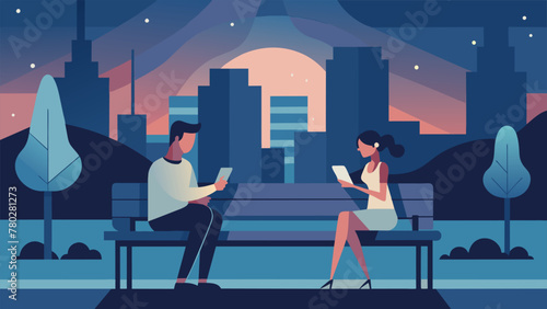 In a busy cityscape a man and a woman sit on opposite ends of a park bench each lost in their own thoughts while typing away on their phones.