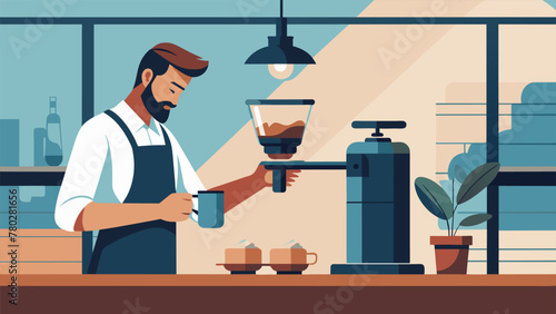 At a modern coffee shop a barista uses an Aeropress to carefully brew a single cup of coffee for a customer. The device uses a combination of