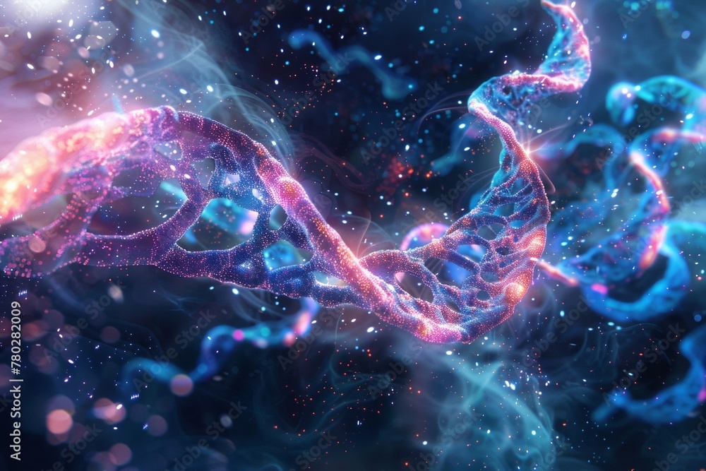 Cell division, with chromosomes breaking and DNA strands falling apart, amid a dance of molecular changes. Cell division, with chromosomes breaking and DNA strands falling apart, amid a dance of molecular changes.