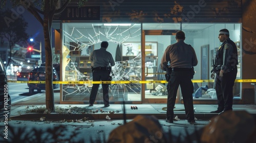 A group of police officers stand outside a store with a broken window (crime scene photos)