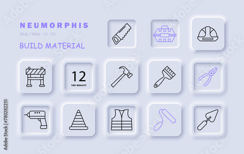 Construction set icon. Repair supplies, equipment, saw, roller, pliers, brush, cone. fence, helmet, drill, spatula, windbreaker, jacket, uniform, hammer. Vector line icon.