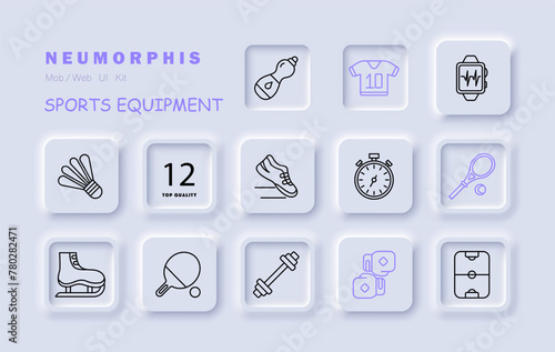 Sports set icon. Gloves, boxing, water, stopwatch, ping pong, pulse, barbell, tennis racket, sneakers, skates, air hockey, T shirt, shuttlecock. Healthy lifestyle concept. Vector line icon.