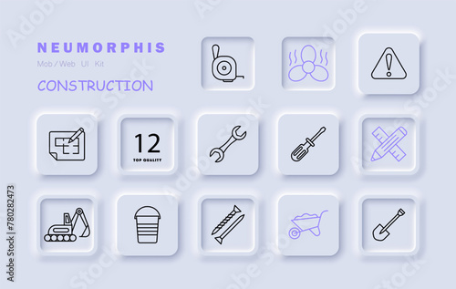 Construction set icon. Equipment, numbering, fan, heavy equipment, shovel, nails, pencil, ruler, warning sign, screwdriver, wrench. Construction equipment concept. Vector line icon.