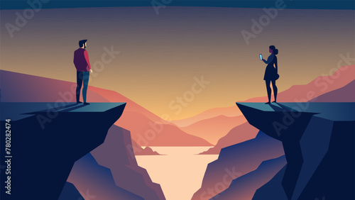 Two lovers stand at the edge of a cliff one in Europe and the other in Asia marveling at the same stunning sunset through their phone screens a