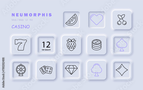 Casino icon set. Card suits, dice, slot machines, winning, excitement, diamond, cherry, chips, strawberry, seven, spade, diamond, hearts, crosses. Gambling concept. Vector line icon.