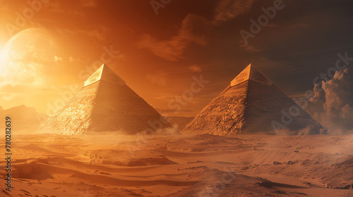 Egyptian Pyramids, Desert Sands, Mystical Atmosphere, 3D Render, Backlights, Vignette photo