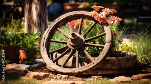 Decorative use of an antique plow wheel in a garden setting