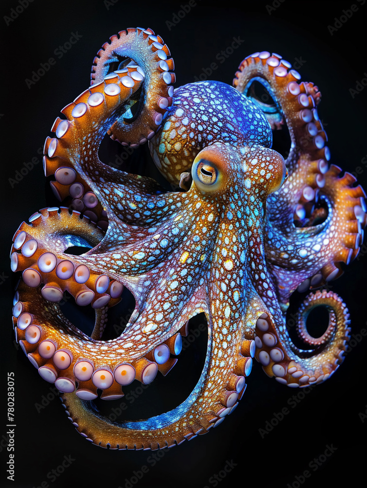 Fototapeta premium Enigmatic octopus, adorned with shimmering iridescent patterns, delving into the dark waters of the uncharted sea