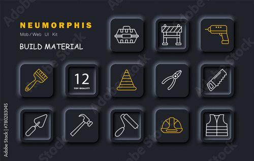 Construction set icon. Repair supplies, equipment, saw, roller, pliers, brush, cone. fence, helmet, drill, spatula, windbreaker, jacket, uniform, hammer. Vector line icon.