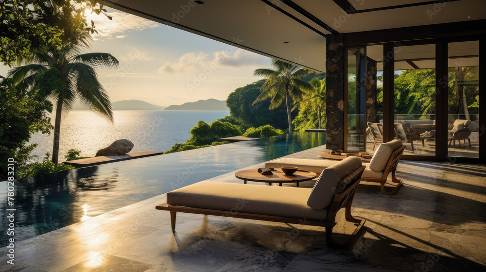 day lights Photograph an opulent villa escape: infinity pool vistas, panoramic landscapes, lavish interiors, elite amenities, secluded indulgence, sumptuous luxury, ultimate relaxation sanctuaries, - obrazy, fototapety, plakaty 