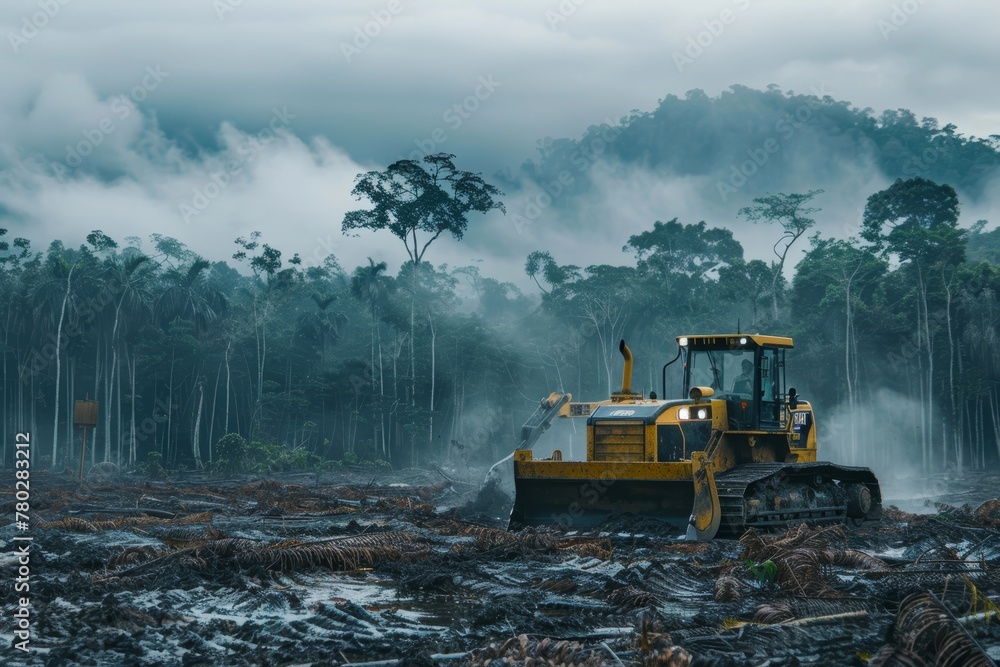 Picture depicting a bulldozer clearing a vast tract of forest, symbolizing the rapid destruction of ecosystems due to deforestation
Picture depicting a bulldozer clearing a vast tract of forest, symbolizing the rapid destruction of ecosystems due to deforestation