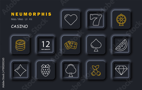 Casino icon set. Card suits, dice, slot machines, winning, excitement, diamond, cherry, chips, strawberry, seven, spade, diamond, hearts, crosses. Gambling concept. Vector line icon.