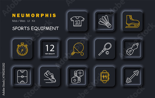 Sports set icon. Gloves, boxing, water, stopwatch, ping pong, pulse, barbell, tennis racket, sneakers, skates, air hockey, T shirt, shuttlecock. Healthy lifestyle concept. Vector line icon.
