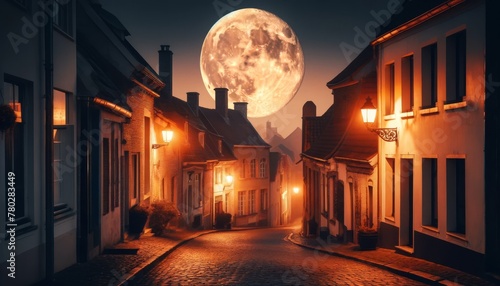A super moon hanging low over a cobblestone street in an old European town, casting shadows and adding mystery to the quaint houses. photo