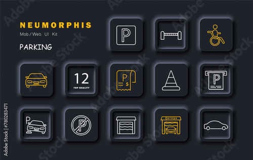 Tax, parking set icon. Garage, check, invoice, machine, car, ban, fence, cone, pitstop, P,   warehouse, silhouette, sign, , man, wheelchair, design, interface. Vector line icon.