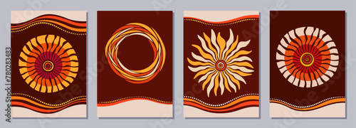 Set of flyers, posters, banners, placards, brochure design templates A6 size. Australian, Aboriginal art.