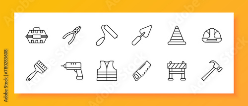 Construction set icon. Repair supplies, equipment, saw, roller, pliers, brush, cone. fence, helmet, drill, spatula, windbreaker, jacket, uniform, hammer. Vector line icon.