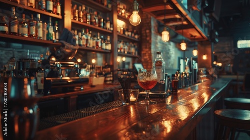 A moody, atmospheric shot of a craft cocktail bar, emphasizing the sophistication and mystery of nightlife. photo