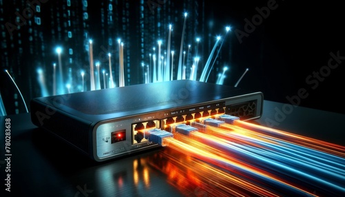 Close-up of a router with fiber-optic cables connected, emitting intense light to signify high-speed data transfer.