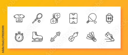 Sports set icon. Gloves, boxing, water, stopwatch, ping pong, pulse, barbell, tennis racket, sneakers, skates, air hockey, T shirt, shuttlecock. Healthy lifestyle concept. Vector line icon.