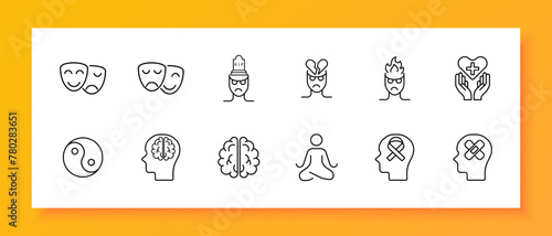 Mood icon set. Theater masks, smile, anger, yin yang, man, brain, fire, meditation, silhouette, sentiment care, patch, restoration, .  Controlling your condition concept. Vector line icon.