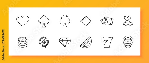 Casino icon set. Card suits, dice, slot machines, winning, excitement, diamond, cherry, chips, strawberry, seven,   spade, diamond, hearts, crosses. Gambling concept. Vector line icon.