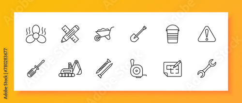 Construction set icon. Equipment, numbering, fan, heavy equipment, shovel, nails, pencil, ruler, warning sign, screwdriver, wrench. Construction equipment concept. Vector line icon.