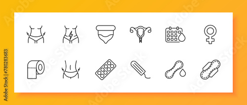 Menstruation set icon. Condom, tampon, pad, pack of female gender pills, calendar, blood, lightning, female reproductive organ, toilet paper. Self care concept. Vector line icon.