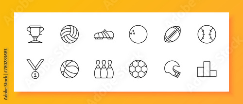 Sports set icon. Shoes, soccer ball, skittles, podium, medal, first place, rugby, volleyball, bowling ball, outdoor activity, useful hobby, .  Healthy lifestyle concept. Vector line icon.