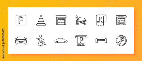 Tax, parking set icon. Garage, check, invoice, machine, car, ban, fence, cone, pitstop, P,   warehouse, silhouette, sign, , man, wheelchair, design, interface. Vector line icon.