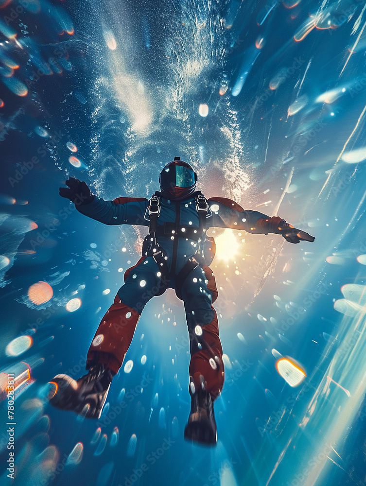 Skydiver, parachute, freefalling from great heights, feeling weightless, clear blue sky, photography, Lens Flare, Depth of Field Bokeh Effect - obrazy, fototapety, plakaty 