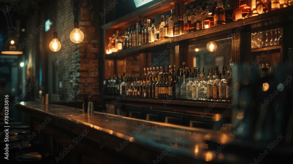 A moody, atmospheric shot of a craft cocktail bar, emphasizing the sophistication and mystery of nightlife.