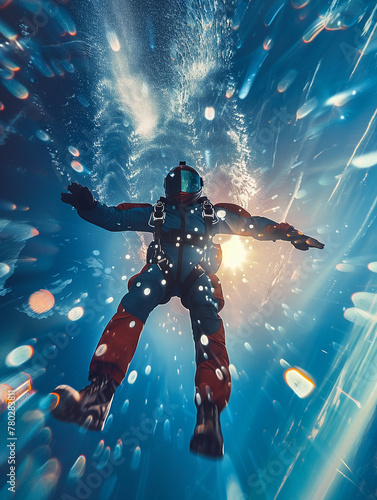 Skydiver, parachute, freefalling from great heights, feeling weightless, clear blue sky, photography, Lens Flare, Depth of Field Bokeh Effect photo
