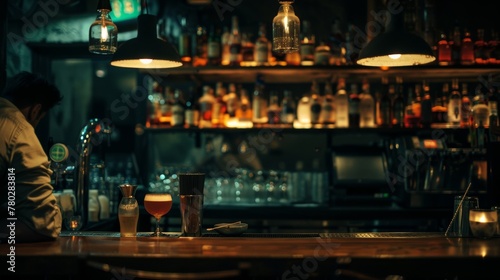 A moody, atmospheric shot of a craft cocktail bar, emphasizing the sophistication and mystery of nightlife.