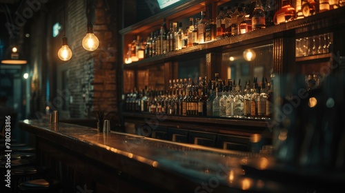 A moody, atmospheric shot of a craft cocktail bar, emphasizing the sophistication and mystery of nightlife. photo