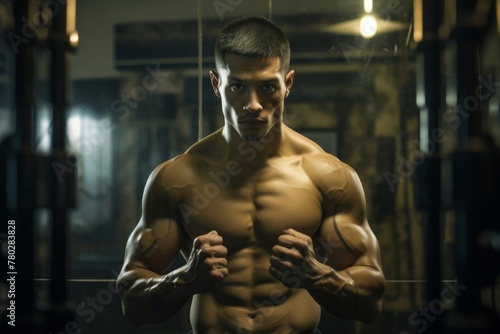 Photo of a male kickboxer shadowboxing in front of a mirror, focused and determined.