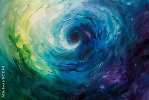 Oil painting of abstract, colorful cosmic swirl, suggesting a mysterious underwater or celestial scene