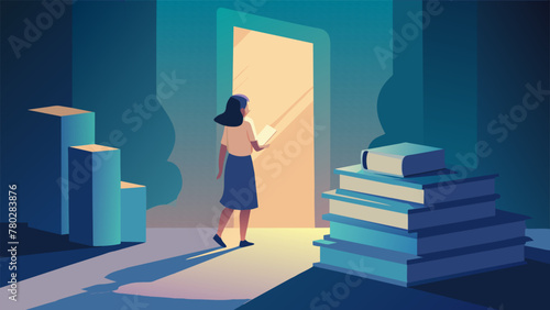 A curious child stands on her tiptoes peering at a stack of weathered books that seem to radiate a mysterious aura. As she reaches for one she