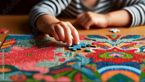 A close-up image of a child's hand placing the final piece into a brightly colored puzzle.