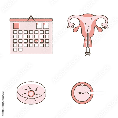 Illustration set of timing method, artificial insemination, in vitro fertilization, microinsemination.
