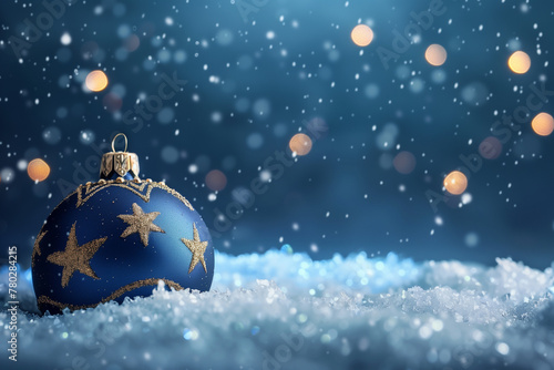 Weihnachtskugeln und verschwommene, glänzende Lichter, blaues Bokeh