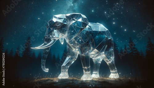 An elephant with a crystal-like structure shimmering under a starry night sky.