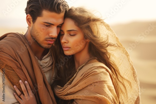 Bedouin loving couple, young and in love, in pastel brown attire, holding each other close with the golden desert dunes as their backdrop © Hanna Haradzetska