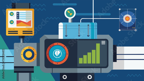 A closeup of a sleek modern IIoT sensor attached to a large piece of machinery tracking vital data such as temperature pressure and speed in