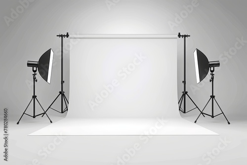A picture of a white studio backdrop with lighting equipments in a minimal clean style, AI Generated. photo