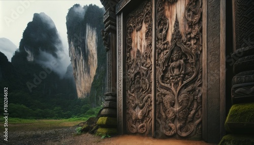 A close-up of a traditional wooden gate with intricate carvings, set against the backdrop of towering limestone cliffs.