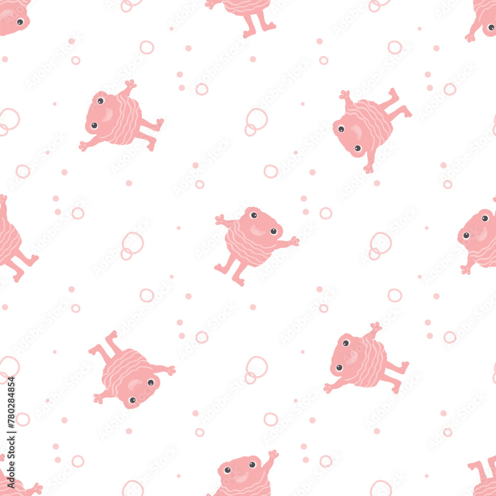 Cute smiling frogs seamless pattern. Cartoon character print in a simple children's style. Vector illustration of pink color on a white background.