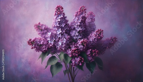 A cluster of purple lilacs against a pastel purple, textured backdrop, symbolizing early summer. © FantasyLand86