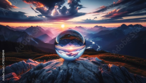 A glass orb placed at a scenic mountain viewpoint during sunset. photo