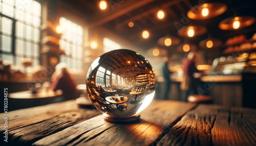 A detailed image of a glass orb on a rustic wooden table inside a cozy, warmly lit coffee shop. photo